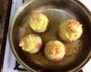 Savory steamed egg custard with shrimp in radish cup