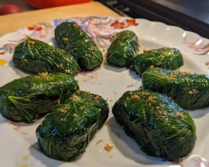 Wild Mustard garlic leaf and red dead nettle & wild onion dolmas